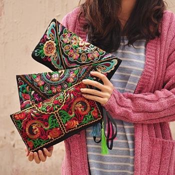 刺繡零錢包錢包le復古手機t女士民族風晚宴包Wal手拿包大容量長款