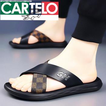 CARTEL鱷魚拖鞋男士夏季款2025新款真皮網紅一字沙灘涼鞋男式外穿
