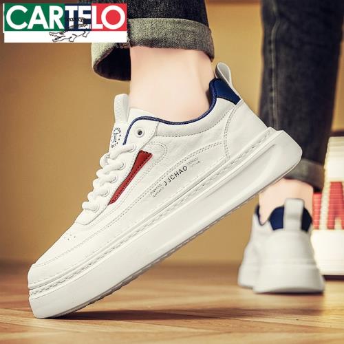 CARTEL鱷魚小白鞋男款夏季2025新款真皮厚底休閑鞋子男士板鞋男鞋