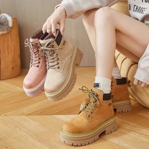 白鹿同款粉色馬丁靴女頭層豬皮內增高大黃靴戶外徒步登山工裝靴子
