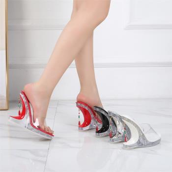 歐美厚底透明防水臺異型跟涼拖鞋外穿坡跟鞋 High heeled sandals