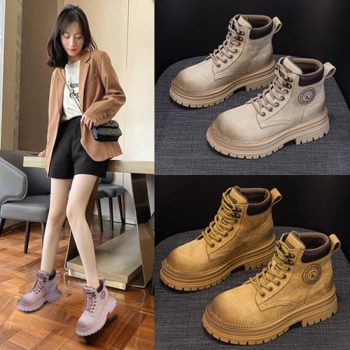 大黃靴女2024秋季新款豬皮厚底戶外徒步登山工裝短靴馬丁靴女鞋