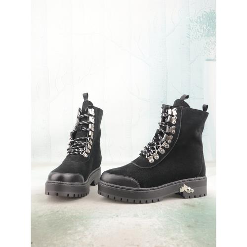 金屬扣拼色豬皮真皮防水臺中跟女鞋子女靴短筒戶外馬丁靴X101-2