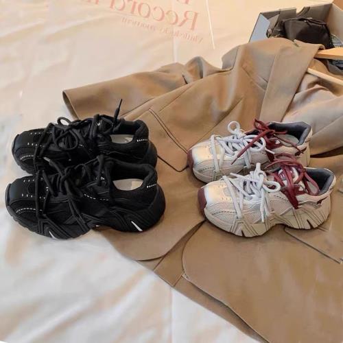 韓國頭層豬皮~大叔家厚底增高老爹鞋女2025秋新款透氣運動休閑