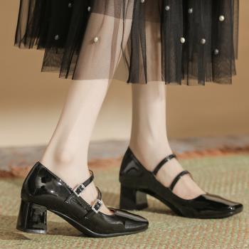 新款漆皮一腳蹬瑪麗珍鞋一字帶粗跟鞋 High heeled leather shoes