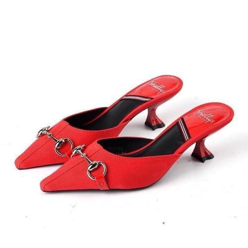 35/37豬皮里shellys紅色尖頭單涼鞋馬銜扣半拖鞋女中高跟后空女夏