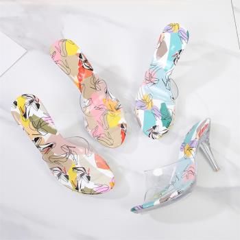 外穿彩色涼拖鞋透明露趾大碼高跟鞋 Womens high heeled sandals