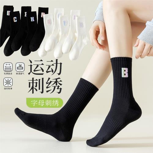 春夏新款英文立體漸變色刺繡字母高筒女襪精梳棉透氣中筒運動襪子