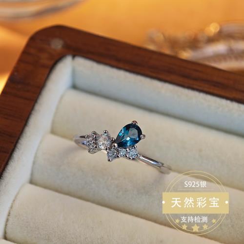 新款水滴天然倫敦藍托帕石戒指通體鑲嵌S925銀首飾設計簡約女飾品
