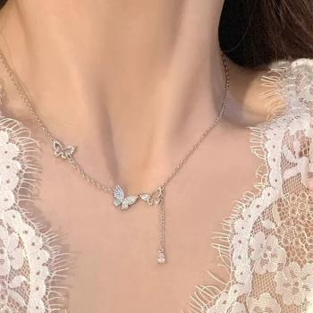 新品蝴蝶項鏈女飾品s925純銀輕奢小眾ins網紅森系流蘇鎖骨鏈