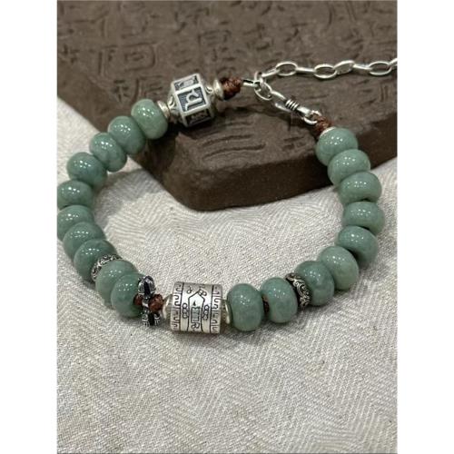 925銀天然翡翠護身桶珠手串新中式女六字真言多棱珠平安喜樂手鏈