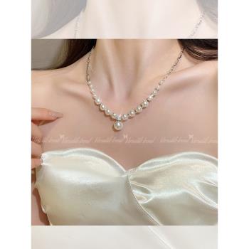 御木本法式珍珠項鏈女款2024新款潮高級感輕奢小眾鎖骨鏈拼接碎銀