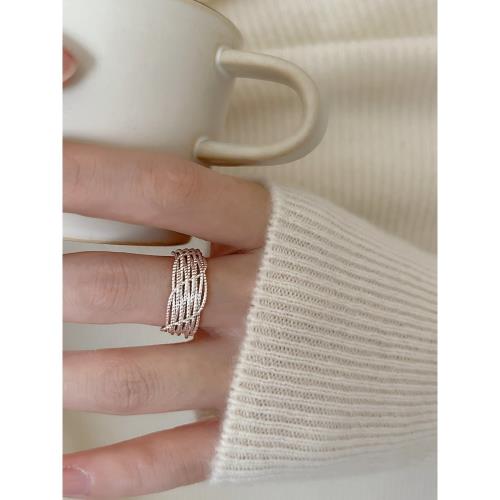 酒窩通體S925純銀麻花交叉線條戒指小眾設計輕奢高級感不規則指環