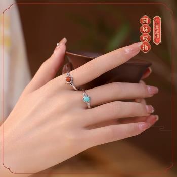 s925銀戒指南紅瑪瑙時尚一點紅圓形花邊簡約復古新中式送女友禮物