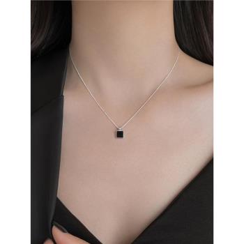 黑色方塊項鏈女s925純銀輕奢氣質小眾設計感ins黑瑪瑙吊墜jewelry