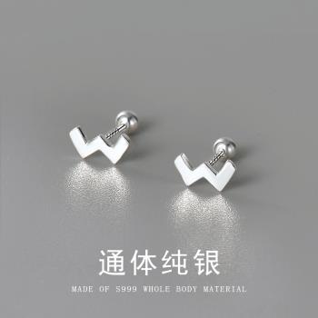 s999純銀耳釘女2025年新款爆款W字母耳環簡約小巧耳骨釘足銀耳飾