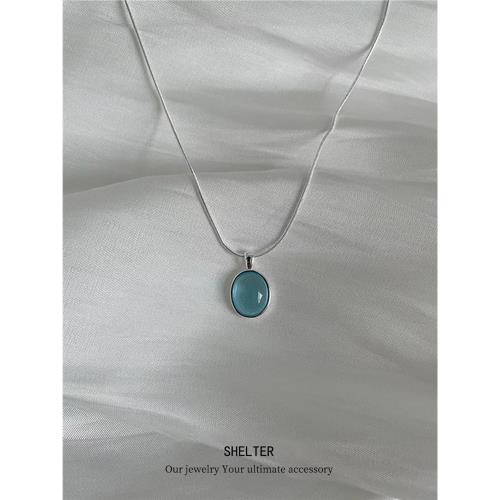 S925純銀水晶項鏈女款高級感輕奢小眾海藍寶粉玉髓水滴吊墜蛇骨鏈