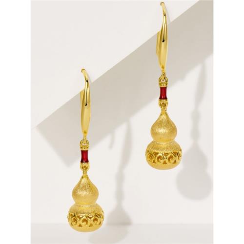 新中式金色福祿鏤空拉絲小葫蘆耳環耳鉤女925銀鍍金復古國風精致