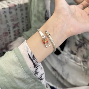 「吉福」足銀s999招財貓手鐲女蝴蝶實心描金純銀手鐲開口新中式