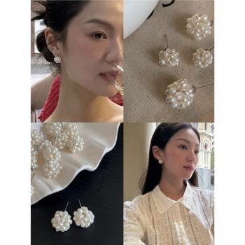 S925銀針ins博主同款巴洛克天然米粒手工淡水珍珠花簇耳環耳釘女