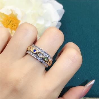 Youngever新款鍍18k黃金滿鉆雙色戒指歐美永遠的家人彩寶婚慶指環