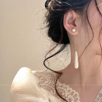 925銀針棉花珍珠耳環女氣質長款流蘇水滴耳墜法式復古高級感耳飾