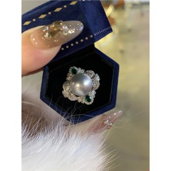 喜上璃光綠野伴彩青粉光海水澳白精工純銀戒指新中式水晶珍珠指環