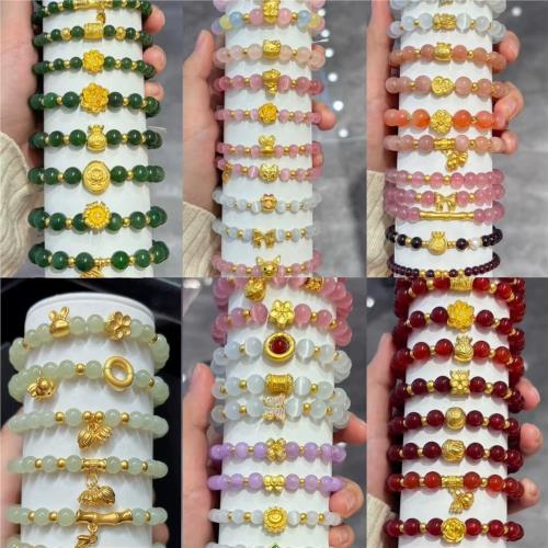 天然和田碧玉散珠diy紅瑪瑙粉水晶白貓眼黑曜太陽玉石配黃金手鏈