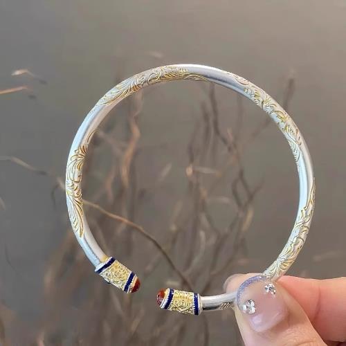 足銀s999新中式吉言唐草紋心經描金鴻運如意純銀手鐲送女朋友禮物