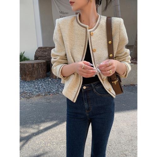 (免運)JWUNIQUE酒窩卡其色小香風短款外套女2025秋季氣質名媛風通勤上衣