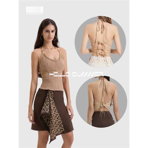 (免運)夏季修身露背性感顯瘦波西米亞海島短款度假百搭吊帶背心綁帶上衣