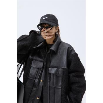 (免運)廢柴冬季美式小眾加厚情侶機車夾克寬松復古刺繡羊羔毛棉衣外套女