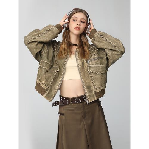 (免運)VONYUSUF美式街頭復古水洗做舊皮衣外套女寬松設計感拼接短外套潮