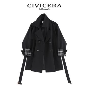 (免運)CIVICERA中長風衣女春秋2025新款格子拼接綁帶小個子休閑外套