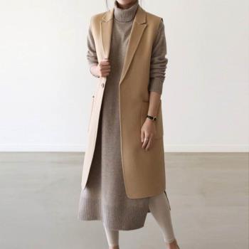 (免運)2024秋冬季新款西裝領中長款韓版毛呢馬甲女羊絨坎肩無袖大衣外套