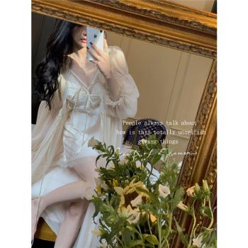 (免運)睡衣女春夏復古優雅性感宮廷長款睡袍雪紡紗新娘晨袍寫真服高階感