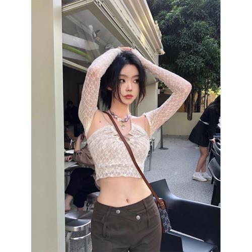 (免運)Turn up/陳腿兒 純欲風辣妹蕾絲吊帶背心女夏性感短款掛脖式上衣