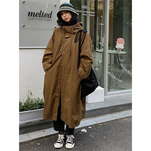 (免運)風衣新款2024秋裝女裝韓國寬松顯瘦長袖工裝連帽過膝長款風衣外套