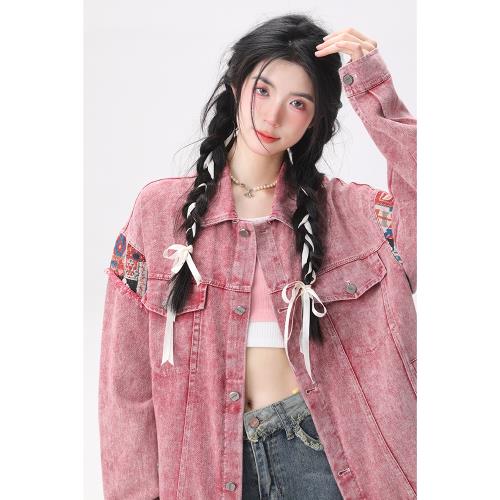 (免運)AONW春季復古臟粉色牛仔外套女小眾設計感民族風拼接水洗牛仔夾克