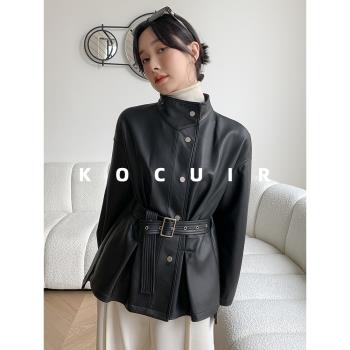 (免運)KC家 小眾設計師2025春裝新款 立領真皮皮衣女韓版收腰綿羊皮外套