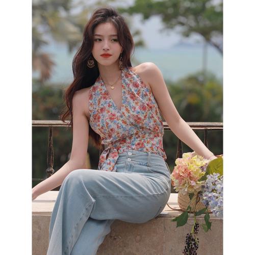 (免運)AZure夏季V領背心無袖掛脖印花吊帶綁帶顯瘦上衣清涼仙欲內搭打底