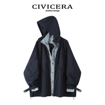 (免運)CIVICERA休閑牛仔拼接風衣假兩件