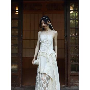 (免運)ONMOON 2022夏款蕾絲拼接純欲仙女吊帶 設計款氣質提花打底背心