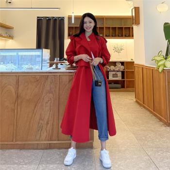 (免運)風衣女2025年新款韓版紅色氣質收腰中長款秋裝高階外套大衣女時尚