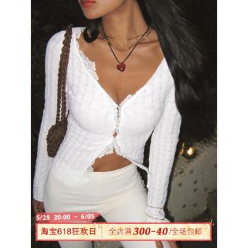 (免運)ITSNIKAR性感純欲法式蕾絲花邊開衫歐美復古肌理感修身長袖上衣女
