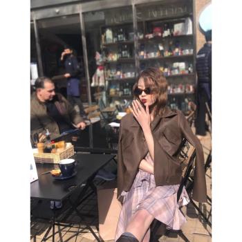 (免運)soolrok 松未韻一 啞光棕色皮衣外套女酷颯美式復古機車服夾克