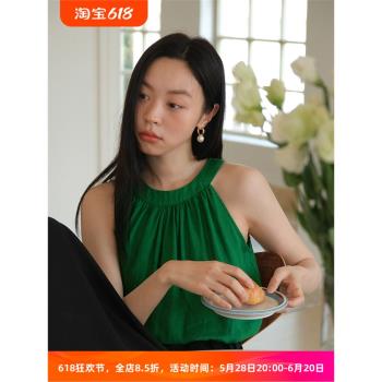 (免運)徐莫西復古度假風綠色亞麻設計感小眾外穿掛脖背心小吊帶上衣女夏