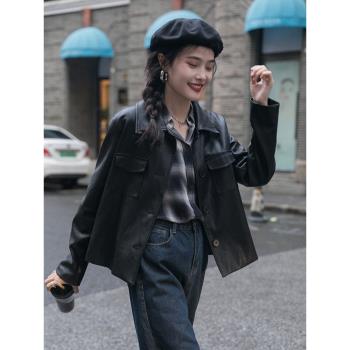 (免運)覓定美式復古黑色pu皮衣外套女小個子秋短款夾克港風高級西裝上衣