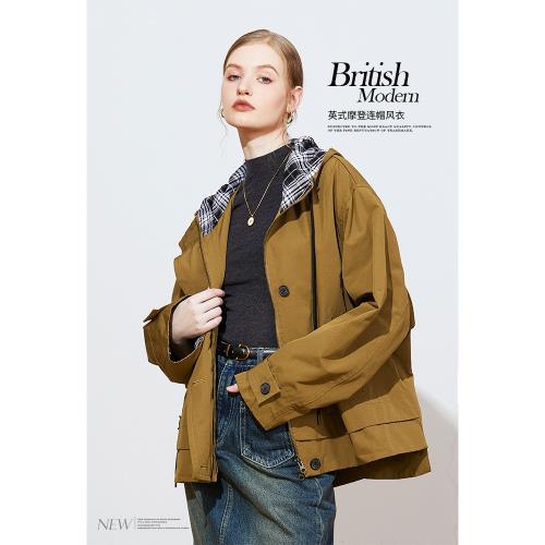 (免運)Carolingian意大利小眾設計！精工小廓形風衣女 格紋撞色秋冬外套