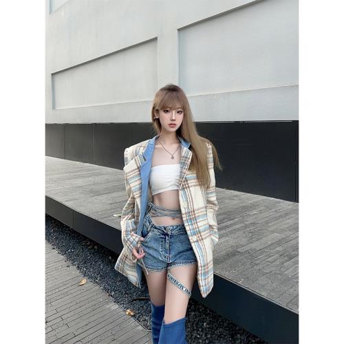 (免運)Crazy Ladys 棕藍拼接毛呢西裝外套女早春季新款法式復古辣妹上衣